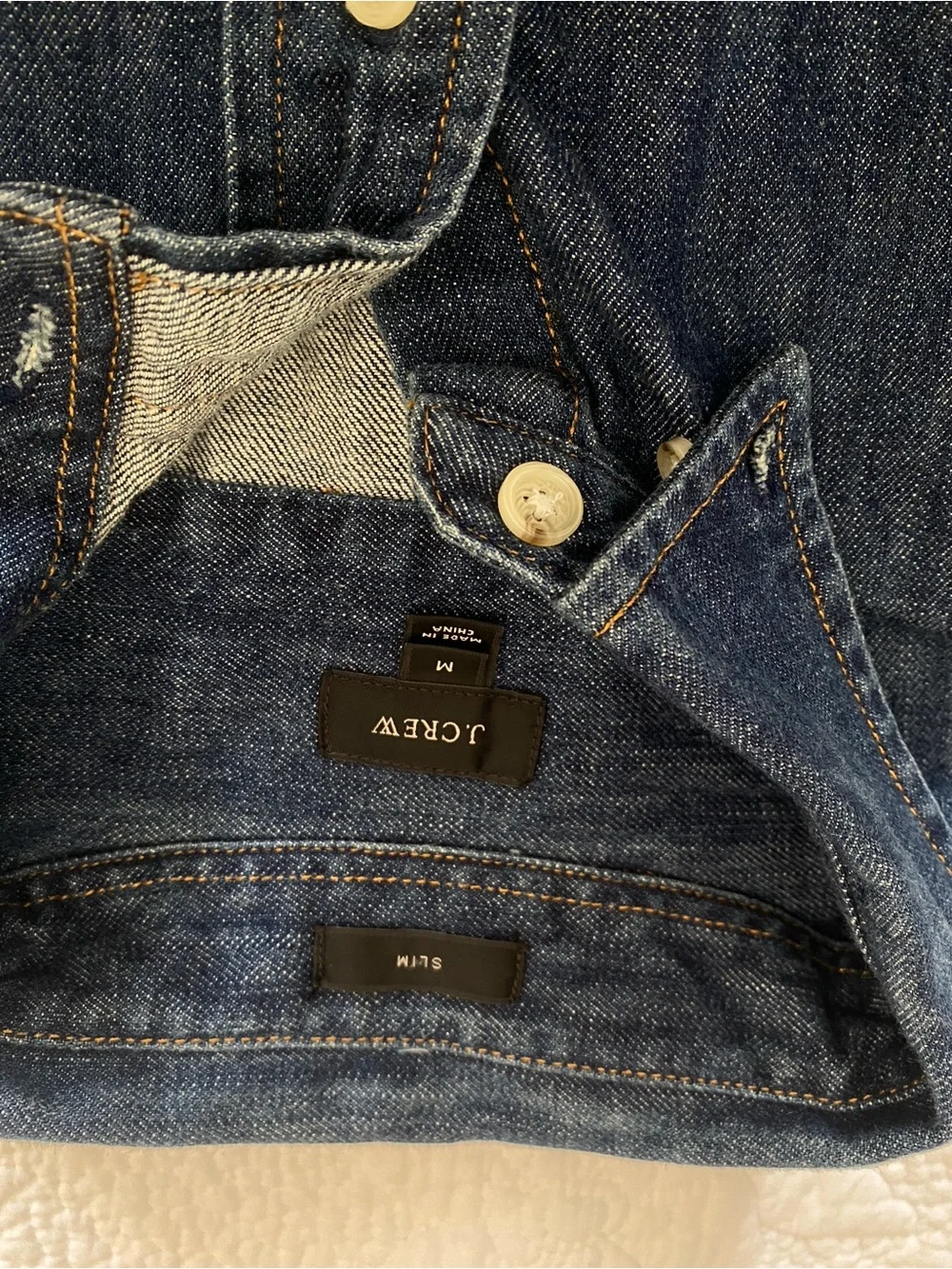 NWOT ORGANIC denim J.Crew Distressed Sleeve Denim Button Down Shirt Dark Wash